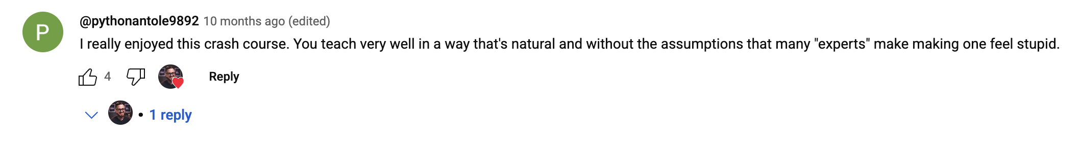 Subscriber comment about course quality